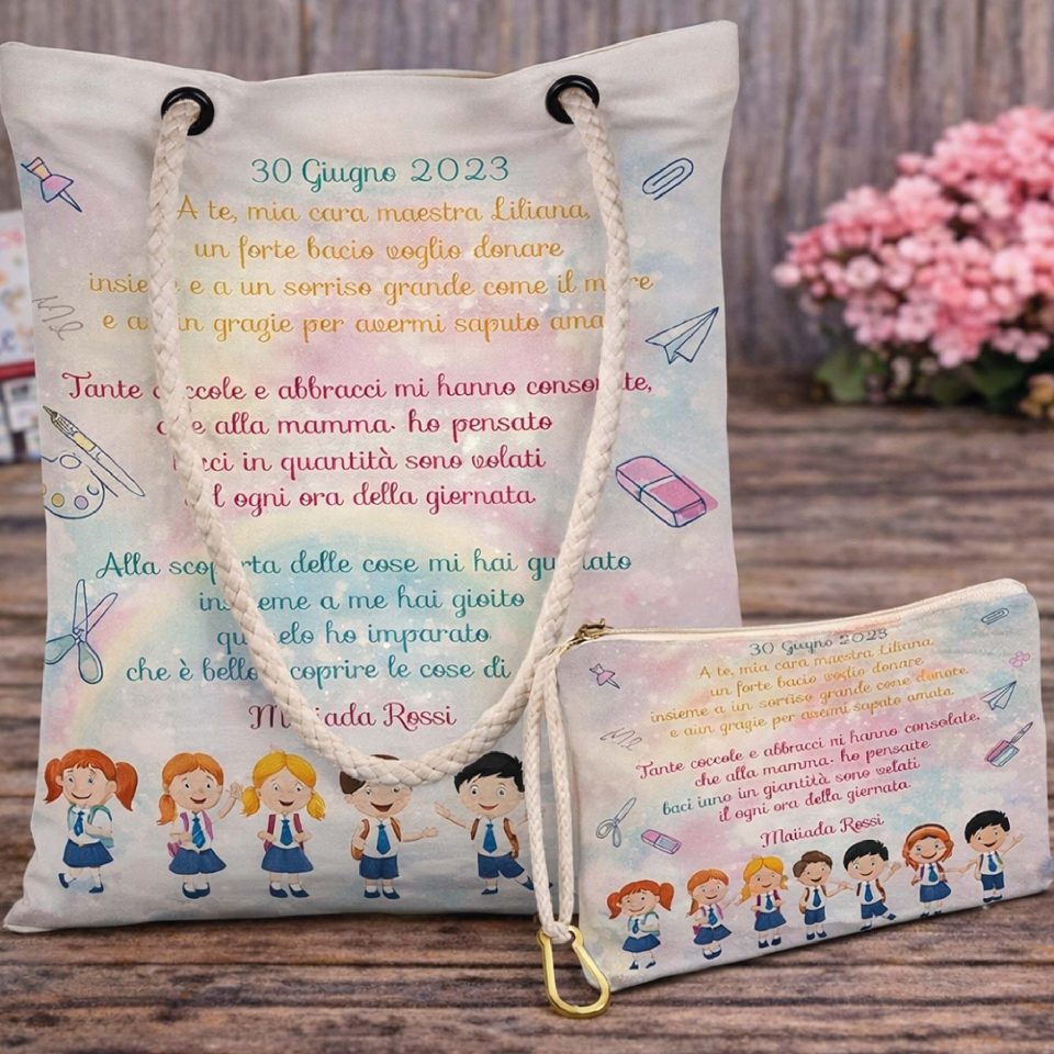 Kit Borsa shopper e Pochette ''DEDICA'' personalizzate, idea regalo di classe fine anno scolastico Maestra asilo nido, scuola materna, elementare infanzia e primaria