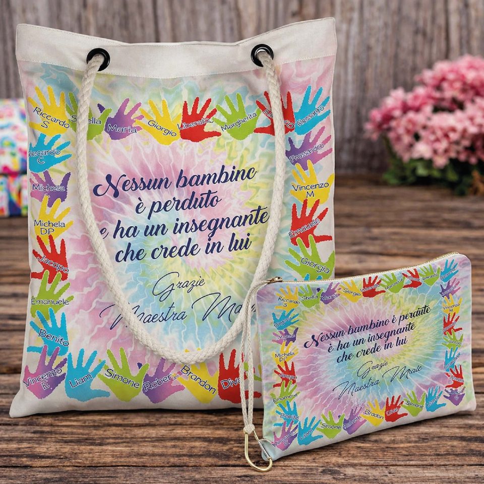 Kit Borsa shopper e Pochette ''MANINE'' personalizzate, idea regalo di classe fine anno scolastico Maestra asilo nido, scuola materna, elementare infanzia e primaria