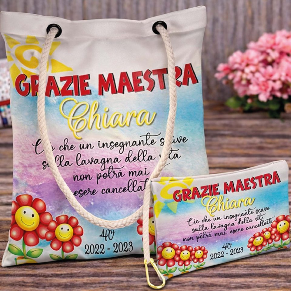 Kit Borsa shopper e Pochette ''LAVAGNA'' personalizzate, idea regalo di classe fine anno scolastico Maestra asilo nido, scuola materna, elementare infanzia e primaria