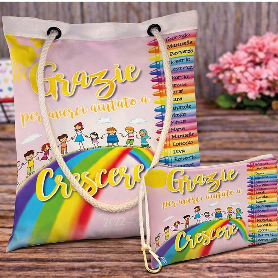 Kit Borsa shopper e Pochette ''LAVAGNA'' personalizzate, idea regalo di classe fine anno scolastico Maestra asilo nido, scuola materna, elementare infanzia e primaria
