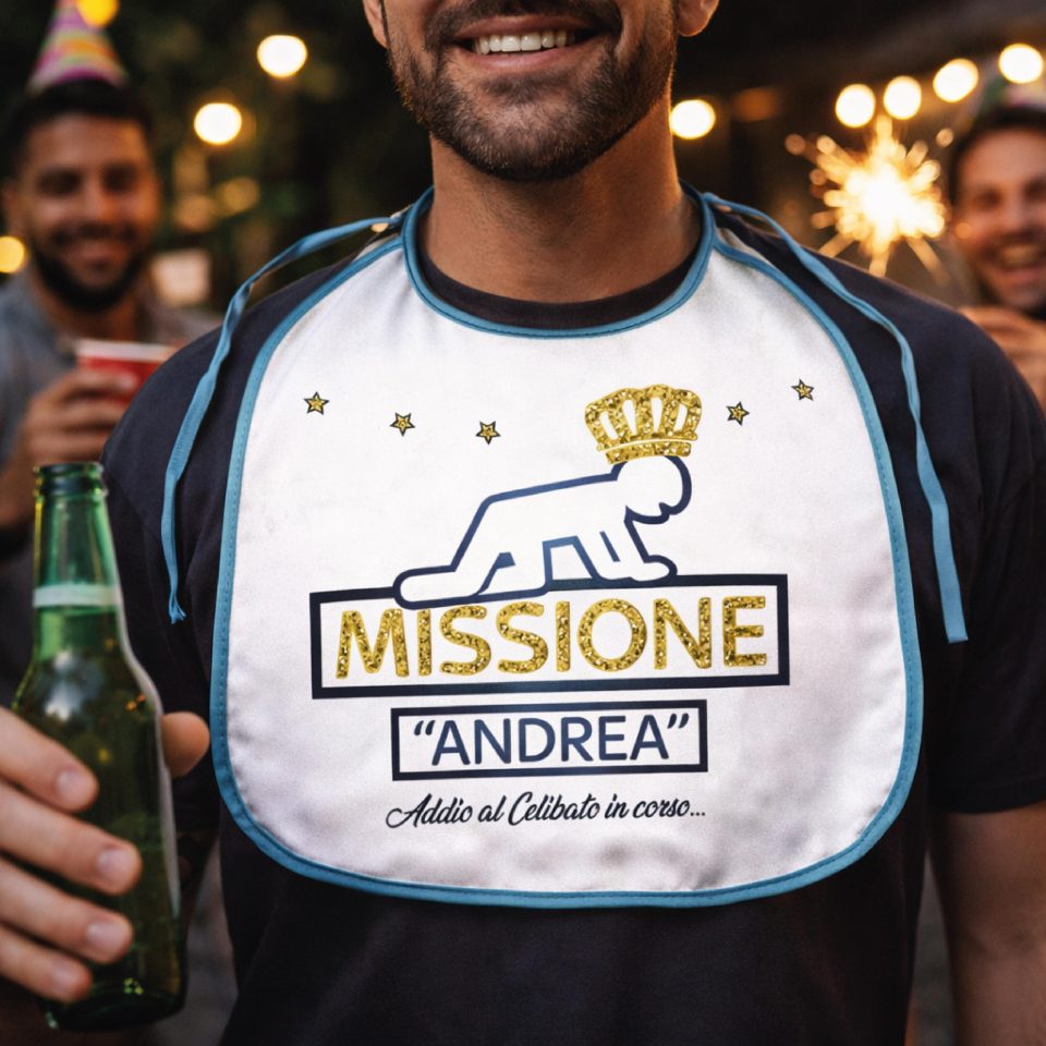 Bavettone Bavetto per Addio al Celibato Uomo Sposo, Grafica Divertente Gadget Originale Unica, Festa Addio al Celibato ''MISSIONE SPOSO''