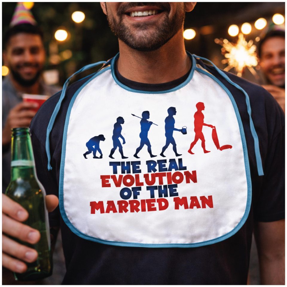 Bavettone Bavetto per Addio al Celibato Uomo Sposo, Grafica Divertente Gadget Originale Unica, Festa Addio al Celibato ''EVOLUTION''