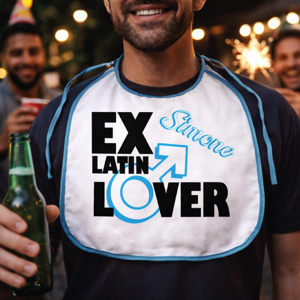 Bavettone Bavetto per Addio al Celibato Uomo Sposo, Grafica Divertente Gadget Originale Unica, Festa Addio al Celibato ''EX LATIN LOVER''