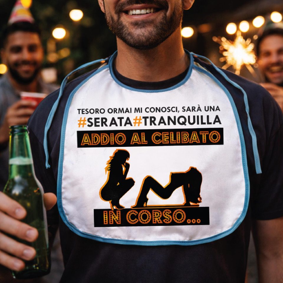 Bavettone Bavetto per Addio al Celibato Uomo Sposo, Grafica Divertente Gadget Originale Unica, Festa Addio al Celibato ''SERATA TRANQUILLA''