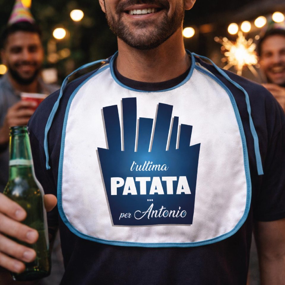 Bavettone Bavetto per Addio al Celibato Uomo Sposo, Grafica Divertente Gadget Originale Unica, Festa Addio al Celibato ''ULTIMA PATATA''