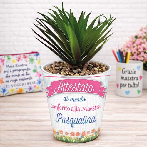 Vaso Vasetto ''ATTESTATO DI MERITO'' in ceramica per pianta Personalizzato, idea regalo di classe fine anno scolastico Maestra asilo nido, scuola materna, elementare infanzia e primaria