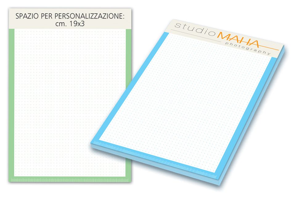 Blocco appunti A4 personalizzato con logo grafica puntinata 50 fogli cartonato Azzurro e Verde Mela