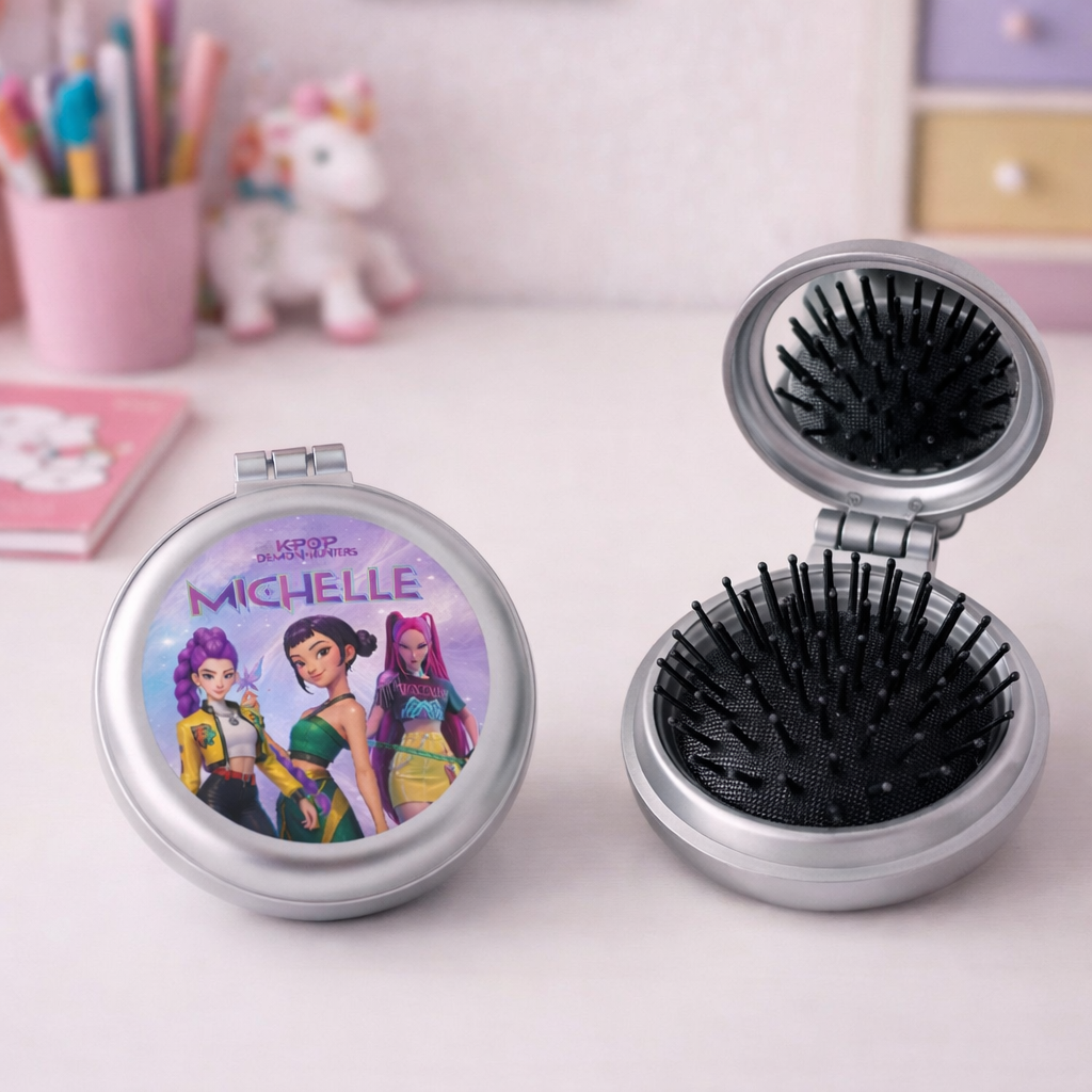 Pettine Spazzola con Specchio Portatile per Bambina KPOP Demon HNTERS Rumi, Mira, Zoey Personalizzabile con Nome per Bambine