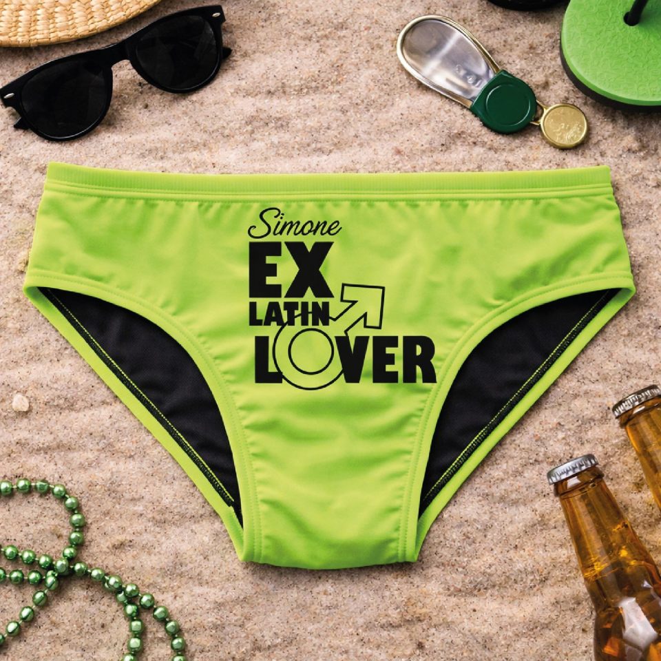 Costume Slip da Mare per Addio al Celibato ''EX LATIN LOVER'' Uomo Sposo, Grafica Divertente, Giallo o Verde Fluo, Gadget Originale per Festa Addio al Celibato
