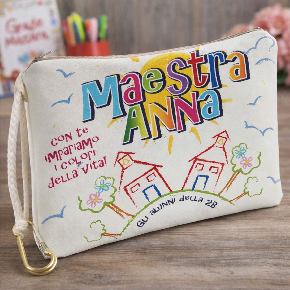 Pochette Donna Bianca in Tela Personalizzata con testo ''I COLORI DELLA VITA'' per Maestra scuola Elementare Infanzia Asilo, Idea Regalo di classe fine anno scolastico