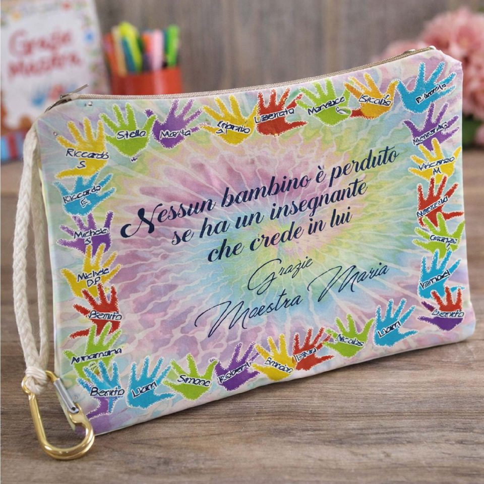 Pochette Donna Bianca in Tela Personalizzata con testo ''MANINE CON NOMI'' per Maestra scuola Elementare Infanzia Asilo, Idea Regalo di classe fine anno scolastico
