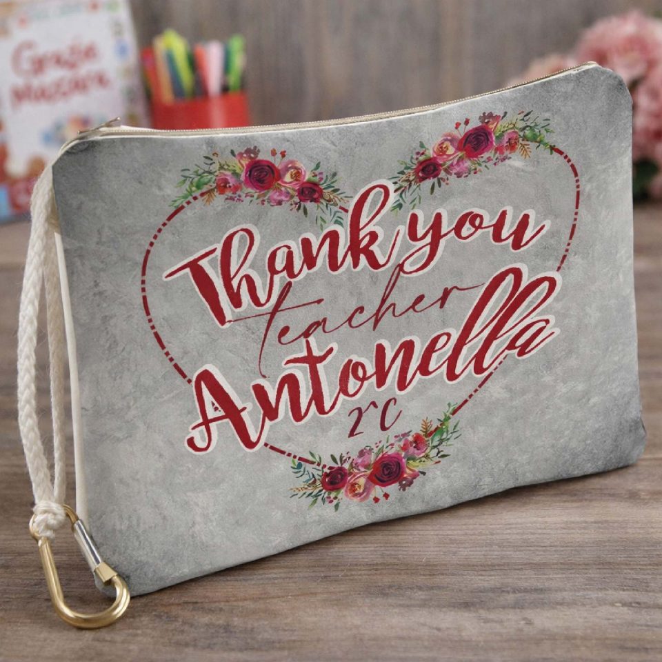 Pochette Donna Bianca in Tela Personalizzata con testo ''THANK YOU TEACHER'' per Maestra scuola Elementare Infanzia Asilo, Idea Regalo di classe fine anno scolastico