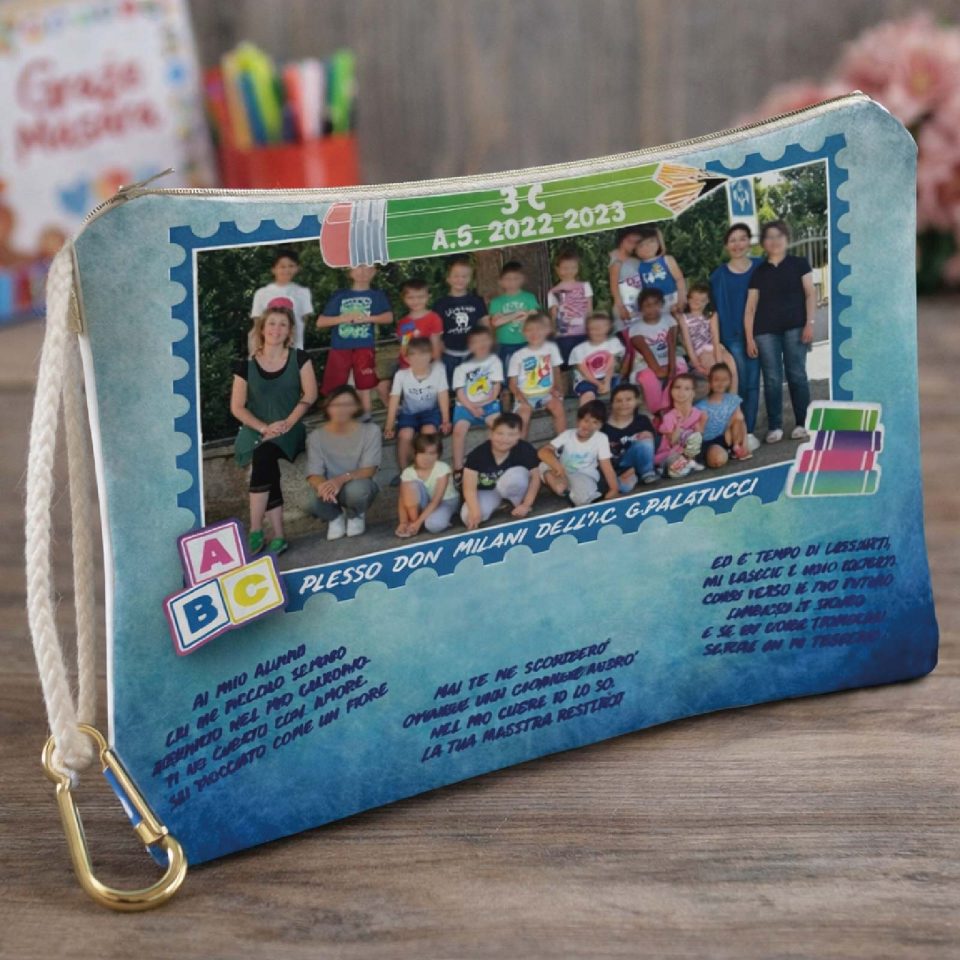 Pochette Donna Bianca in Tela Personalizzata con testo ''FOTO DI CLASSE'' per Maestra scuola Elementare Infanzia Asilo, Idea Regalo di classe fine anno scolastico