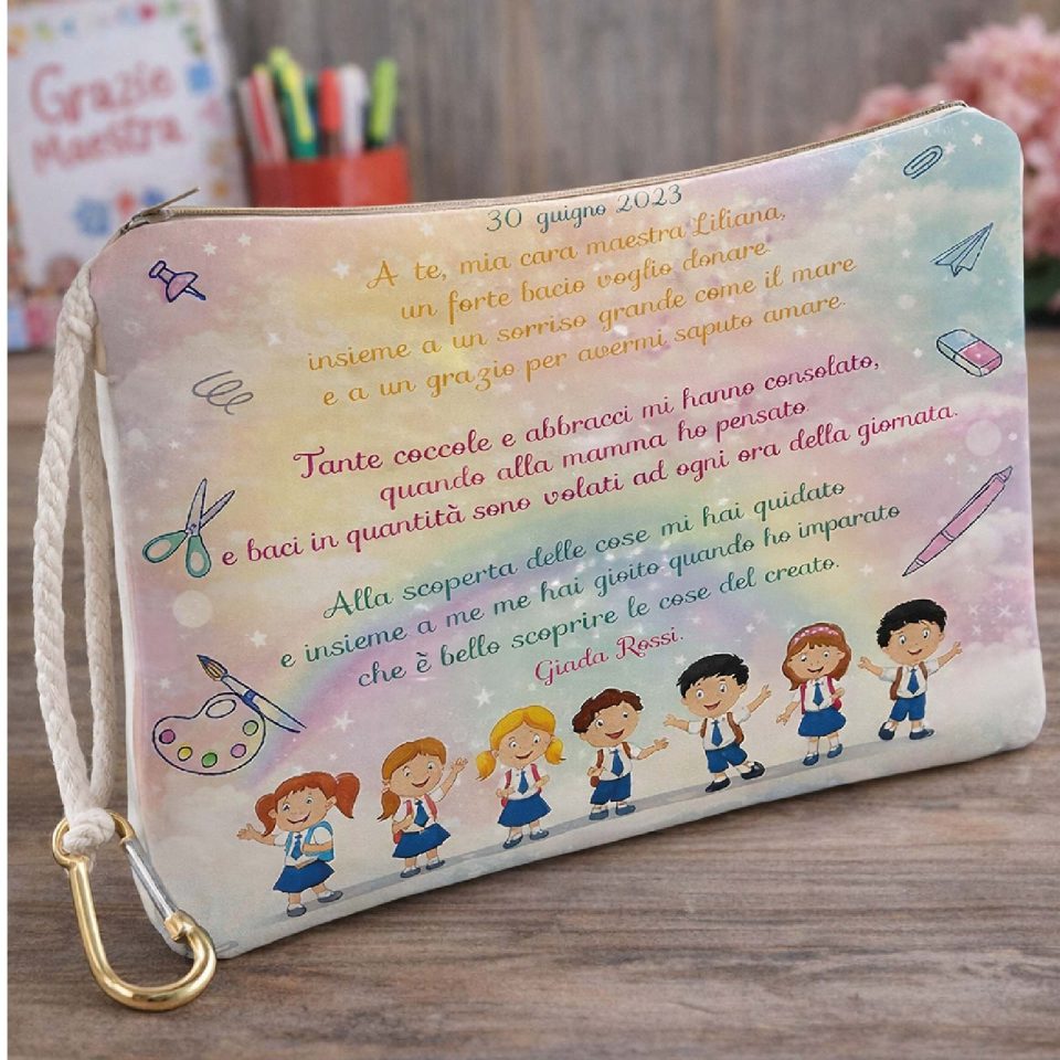Pochette Donna Bianca in Tela Personalizzata con testo ''LA MIA DEDICA'' per Maestra scuola Elementare Infanzia Asilo, Idea Regalo di classe fine anno scolastico