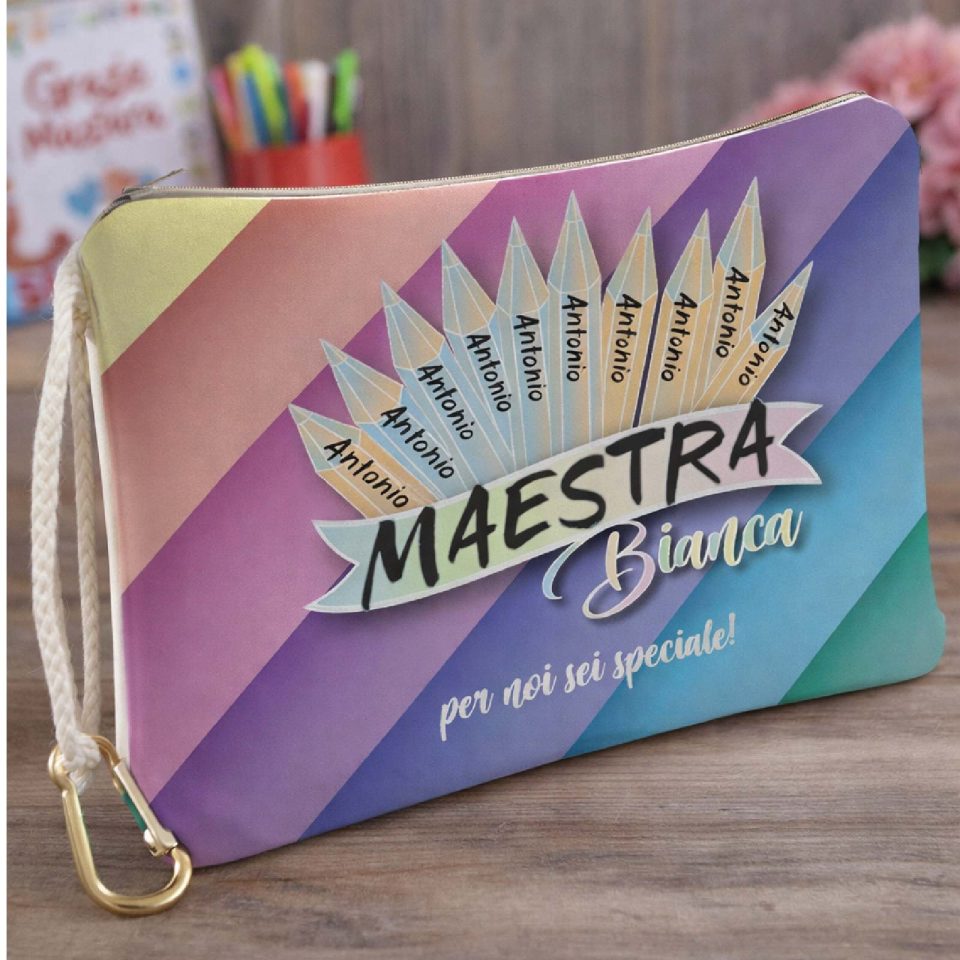 Pochette Donna Bianca in Tela Personalizzata con testo ''MATITE NOMI'' per Maestra scuola Elementare Infanzia Asilo, Idea Regalo di classe fine anno scolastico