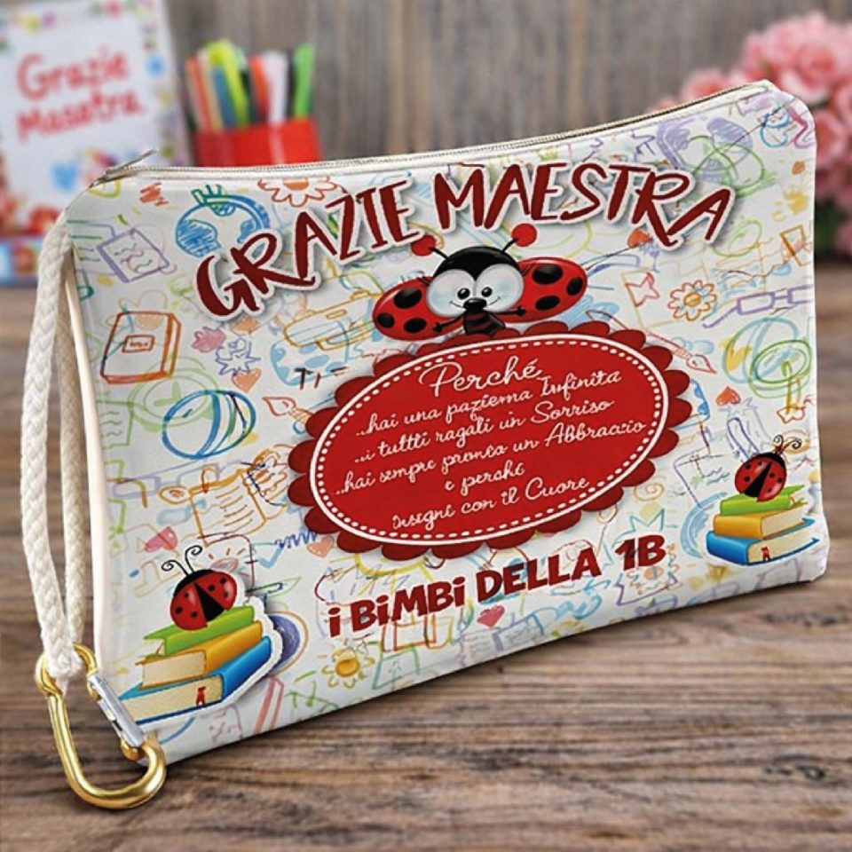 Pochette Donna Bianca in Tela Personalizzata con testo ''COCCINELLA'' per Maestra scuola Elementare Infanzia Asilo, Idea Regalo di classe fine anno scolastico