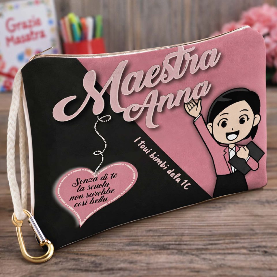 Pochette Donna Bianca in Tela Personalizzata con testo ''SENZA TE'' per Maestra scuola Elementare Infanzia Asilo, Idea Regalo di classe fine anno scolastico