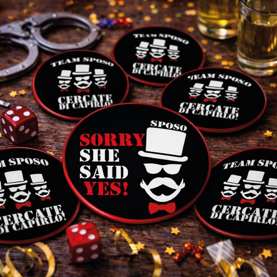 Spille Celibato Divertenti – Set Completo Team Sposo + Spilla “IM SORRY GIRLS” – Gadget Festa Addio al Celibato
