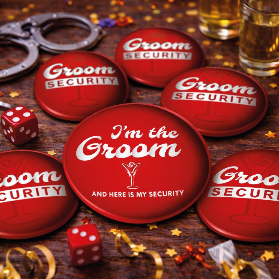 Spille Celibato Divertenti – Set Completo Team Sposo + Spilla “GROOM SECURITY” – Gadget Festa Addio al Celibato