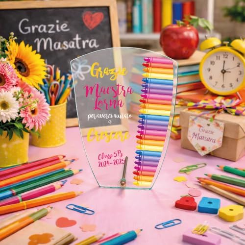 Targa Personalizzata – Targa Commemorativa in Cristallo Vetro | Idea Regalo Personalizzabile con Nome per Maestra Insegnante Scuola Primaria Asilo Elementare fine anno ''AULA DI COLORI''
