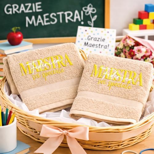 Asciugamani Donna Ricamo, Set 2 Pezzi (1 Viso + 1 Ospite), 100% Cotone Spugna, personalizzate con Nome Maestra Ricamato - Idea Regalo Insegnante fine anno Scolastico ''SPECIALE'