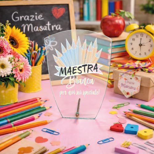Targa Personalizzata – Targa Commemorativa in Cristallo Vetro | Idea Regalo Personalizzabile con Nome per Maestra Insegnante Scuola Primaria Asilo Elementare fine anno ''PASTELLI COLORATI''