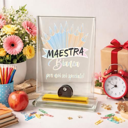 Targa Premio Ricordo in Cristallo Rettangolare Personalizzata con Nome Dediche Astuccio Incluso - Idea Regalo per Maestra Insegnante Scuola Primaria Asilo Elementare fine anno ''PASTELLI''