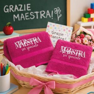 COPPIA ASCIUGAMANI RICAMO MAESTRA ''SPECIALE'' FUCSIA