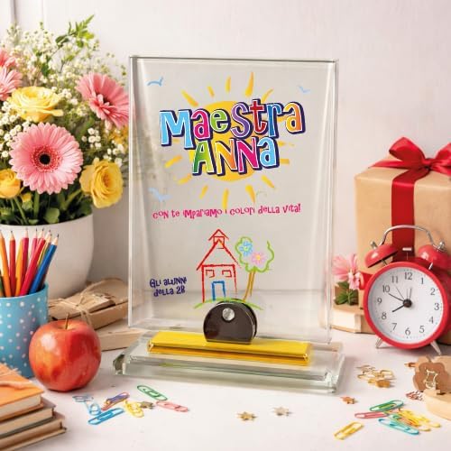 Targa Premio Ricordo in Cristallo Rettangolare Personalizzata con Nome Dediche Astuccio Incluso - Idea Regalo per Maestra Insegnante Scuola Primaria Asilo Elementare fine anno ''COLORI DELLA VITA''
