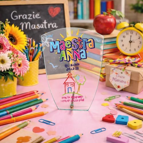 Targa Personalizzata – Targa Commemorativa in Cristallo Vetro | Idea Regalo Personalizzabile con Nome per Maestra Insegnante Scuola Primaria Asilo Elementare fine anno ''I COLORI DELLA VITA''