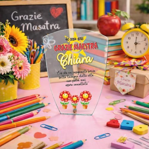 Targa Personalizzata – Targa Commemorativa in Cristallo Vetro | Idea Regalo Personalizzabile con Nome per Maestra Insegnante Scuola Primaria Asilo Elementare fine anno ''LAVAGNA VITA''