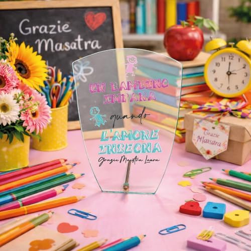 Targa Personalizzata – Targa Commemorativa in Cristallo Vetro | Idea Regalo Personalizzabile con Nome per Maestra Insegnante Scuola Primaria Asilo Elementare fine anno ''L'AMORE INSEGNA''