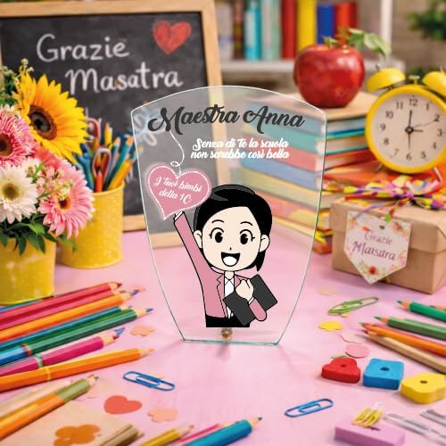 Targa Personalizzata – Targa Commemorativa in Cristallo Vetro | Idea Regalo Personalizzabile con Nome per Maestra Insegnante Scuola Primaria Asilo Elementare fine anno ''SENZA TE''