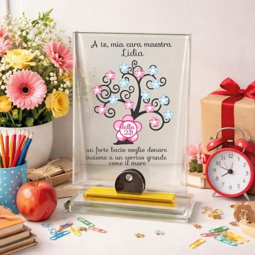 Targa Premio Ricordo in Cristallo Rettangolare Personalizzata con Nome Dediche Astuccio Incluso - Idea Regalo per Maestra Insegnante Scuola Primaria Asilo Elementare fine anno ''ALBERO DELLA VITA''