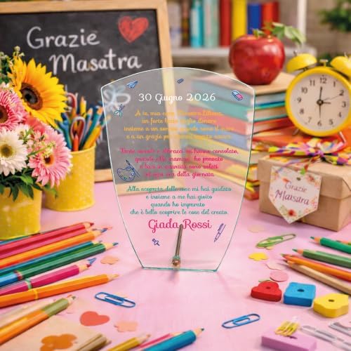 Targa Personalizzata – Targa Commemorativa in Cristallo Vetro | Idea Regalo Personalizzabile con Nome per Maestra Insegnante Scuola Primaria Asilo Elementare fine anno ''DEDICA''
