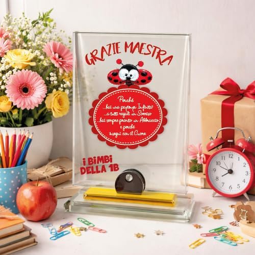 Targa Premio Ricordo in Cristallo Rettangolare Personalizzata con Nome Dediche Astuccio Incluso - Idea Regalo per Maestra Insegnante Scuola Primaria Asilo Elementare fine anno ''COCCINELLA''