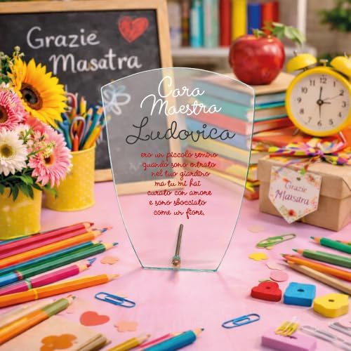Targa Personalizzata – Targa Commemorativa in Cristallo Vetro | Idea Regalo Personalizzabile con Nome per Maestra Insegnante Scuola Primaria Asilo Elementare fine anno ''GIARDINO''