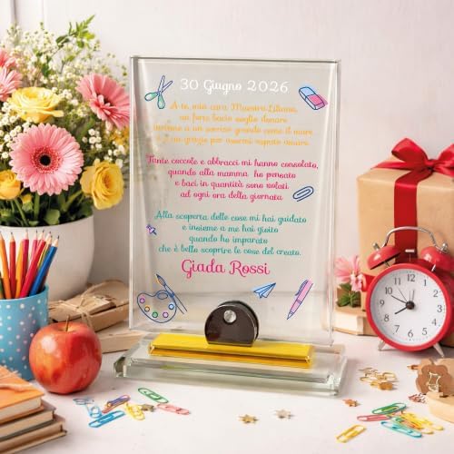 Targa Premio Ricordo in Cristallo Rettangolare Personalizzata con Nome Dediche Astuccio Incluso - Idea Regalo per Maestra Insegnante Scuola Primaria Asilo Elementare fine anno ''DEDICA A TE''