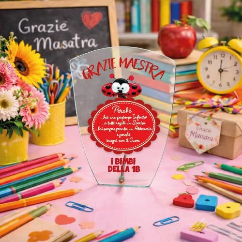 Targa Personalizzata – Targa Commemorativa in Cristallo Vetro | Idea Regalo Personalizzabile con Nome per Maestra Insegnante Scuola Primaria Asilo Elementare fine anno ''COCCINELLA''