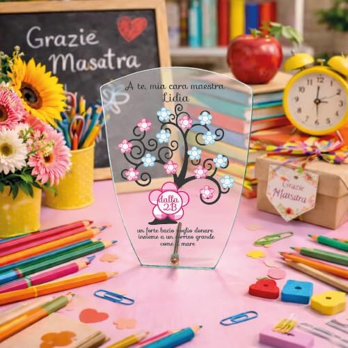 Targa Personalizzata – Targa Commemorativa in Cristallo Vetro | Idea Regalo Personalizzabile con Nome per Maestra Insegnante Scuola Primaria Asilo Elementare fine anno ''ALBERO DELLA VITA''