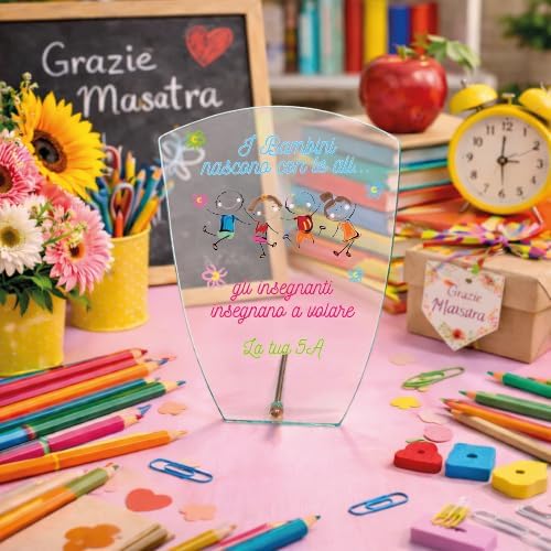Targa Personalizzata – Targa Commemorativa in Cristallo Vetro | Idea Regalo Personalizzabile con Nome per Maestra Insegnante Scuola Primaria Asilo Elementare fine anno ''VOLARE''