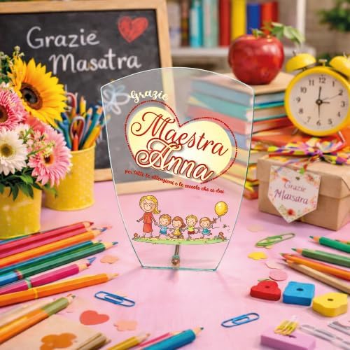 Targa Personalizzata – Targa Commemorativa in Cristallo Vetro | Idea Regalo Personalizzabile con Nome per Maestra Insegnante Scuola Primaria Asilo Elementare fine anno ''COCCOLE''