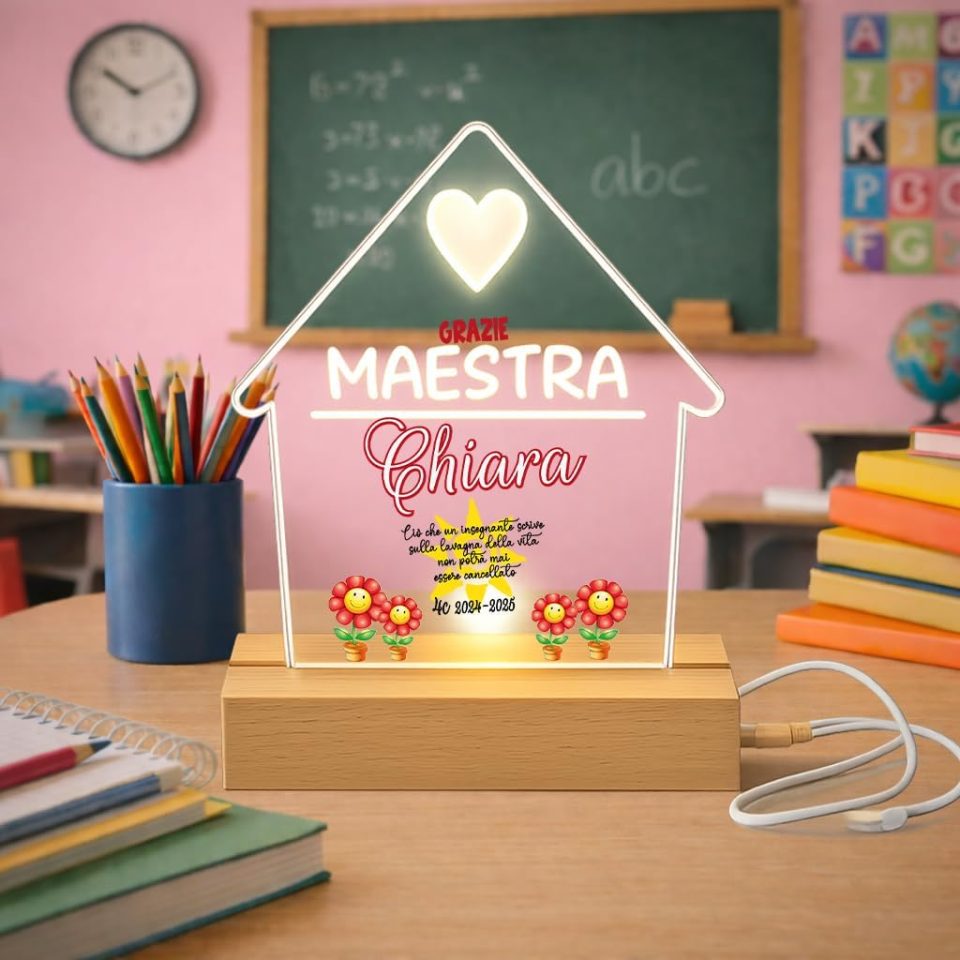 Lampada led da notte personalizzata con Scritta Nome classe in Plexiglass Trasparente cornice in legno da Tavolo - Idea Regalo Maestri Insegnante fine anno Scolastico ''LAVAGNA VITA''