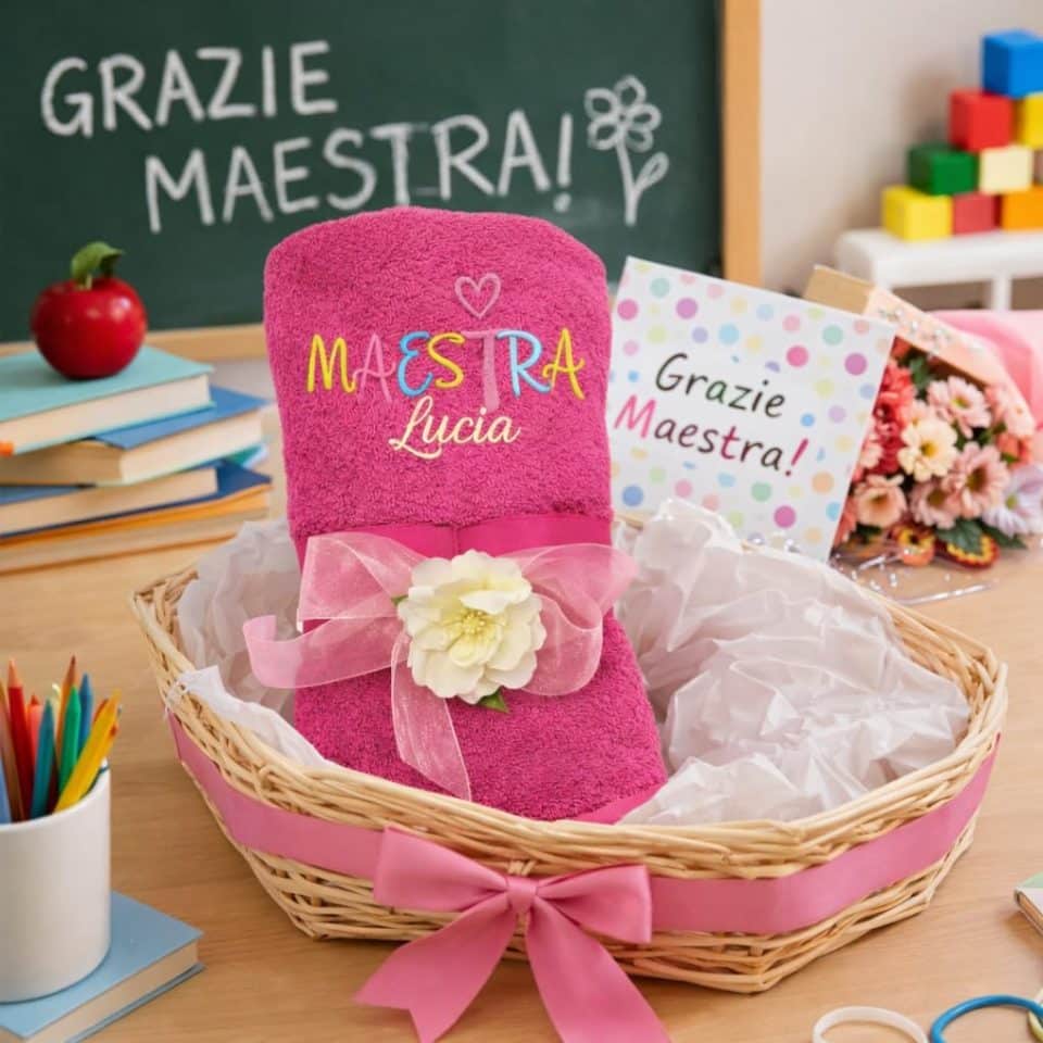 Telo Doccia Grande 100% Spugna di Cotone Morbido, Ricamato con Nome Maestra, Asciugamano Bagno 150x100 cm personalizzato - Idea Regalo Insegnante fine anno Scolastico ''SKETCH''