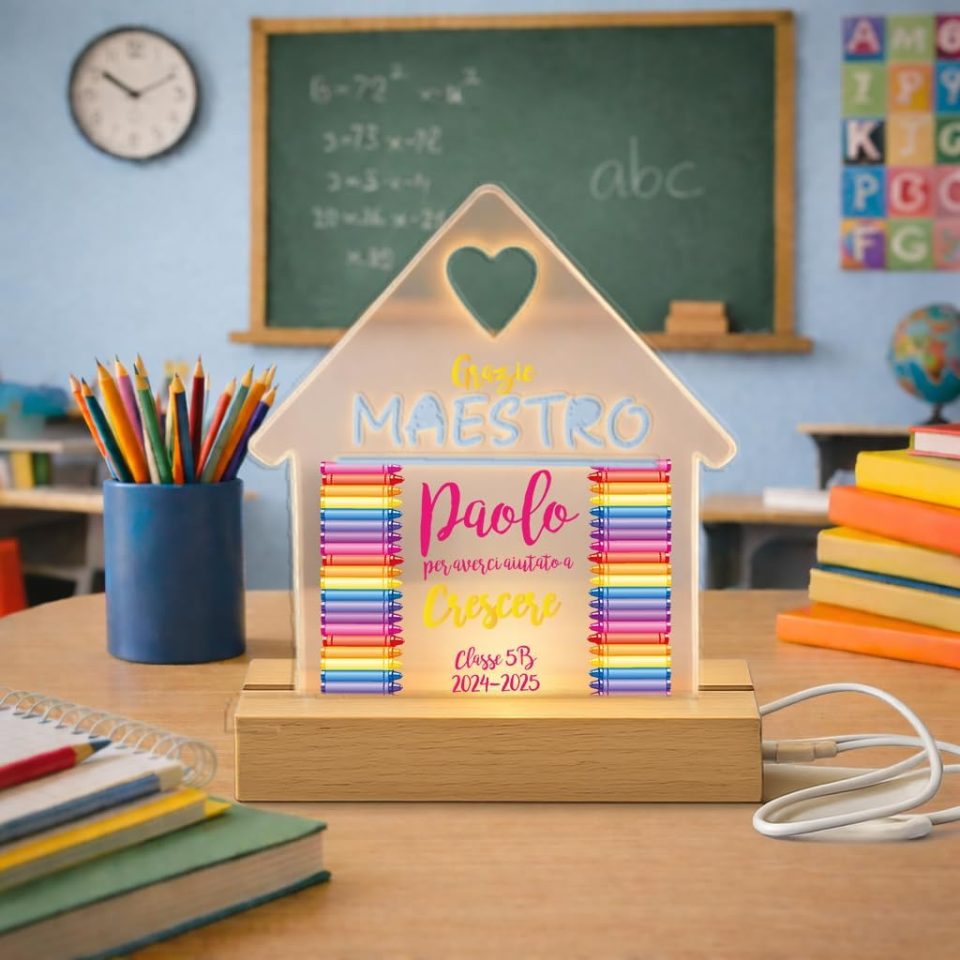 Lampada led da notte personalizzata con Scritta Nome classe in Plexiglass Trasparente cornice in legno da Tavolo - Idea Regalo Maestri Insegnante fine anno Scolastico ''AULA COLORI''