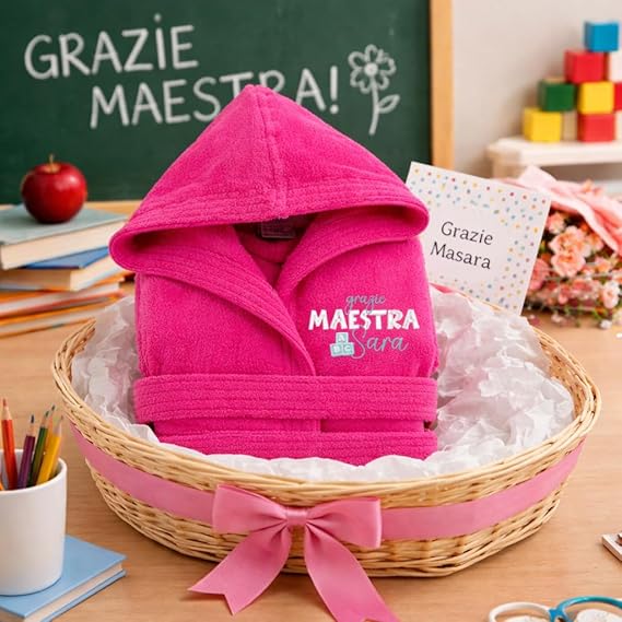 Accappatoio Adulto Uomo Donna Unisex in Morbida Spugna di 100% Cotone Ricamato personalizzato con Nome Maestra - Idea Regalo Insegnante fine anno Scolastico ''DADINI''