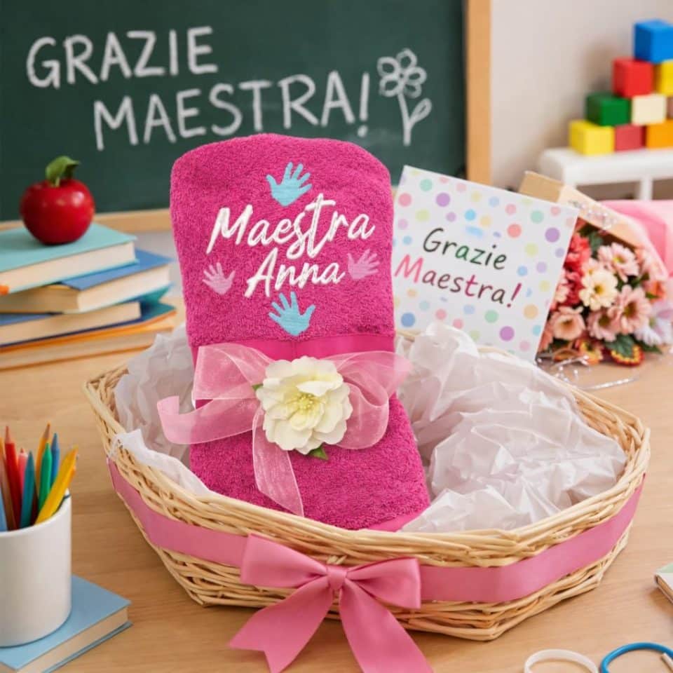 Telo Doccia Grande 100% Spugna di Cotone Morbido, Ricamato con Nome Maestra, Asciugamano Bagno 150x100 cm personalizzato - Idea Regalo Insegnante fine anno Scolastico ''MANI''
