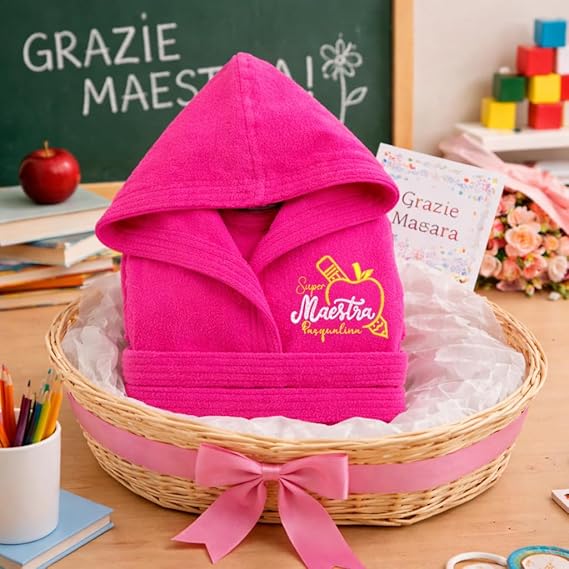 Accappatoio Adulto Uomo Donna Unisex in Morbida Spugna di 100% Cotone Ricamato personalizzato con Nome Maestra - Idea Regalo Insegnante fine anno Scolastico ''SUPER''
