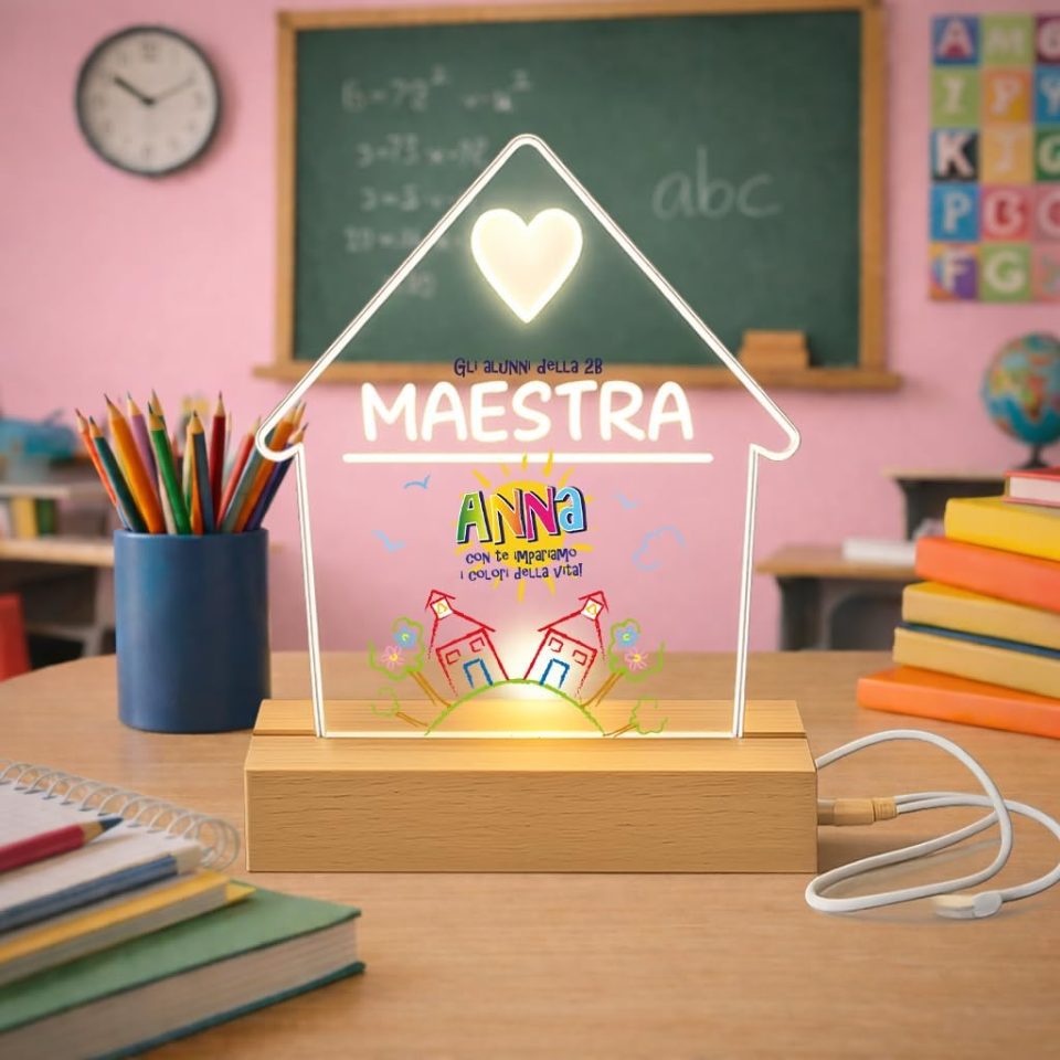 Lampada led da notte personalizzata con Scritta Nome classe in Plexiglass Trasparente cornice in legno da Tavolo - Idea Regalo Maestri Insegnante fine anno Scolastico ''COLORI VITA''