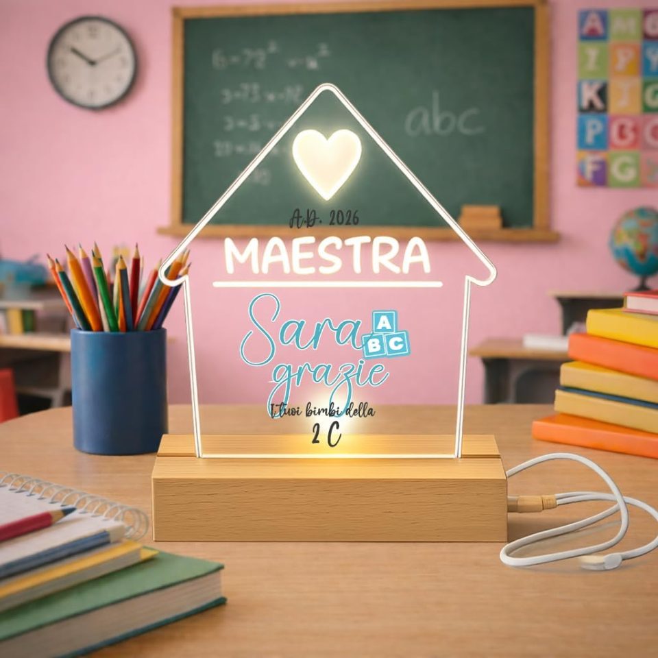 Lampada led da notte personalizzata con Scritta Nome classe in Plexiglass Trasparente cornice in legno da Tavolo - Idea Regalo Maestri Insegnante fine anno Scolastico